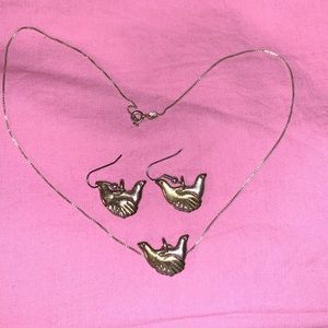 gold and silver necklace and earrings set birds